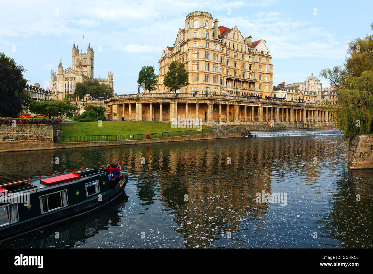 The Abbey, the Empire Building and the Grand Parade along the River Avon, Bath, Somerset, England, Great Britain Stock Photo