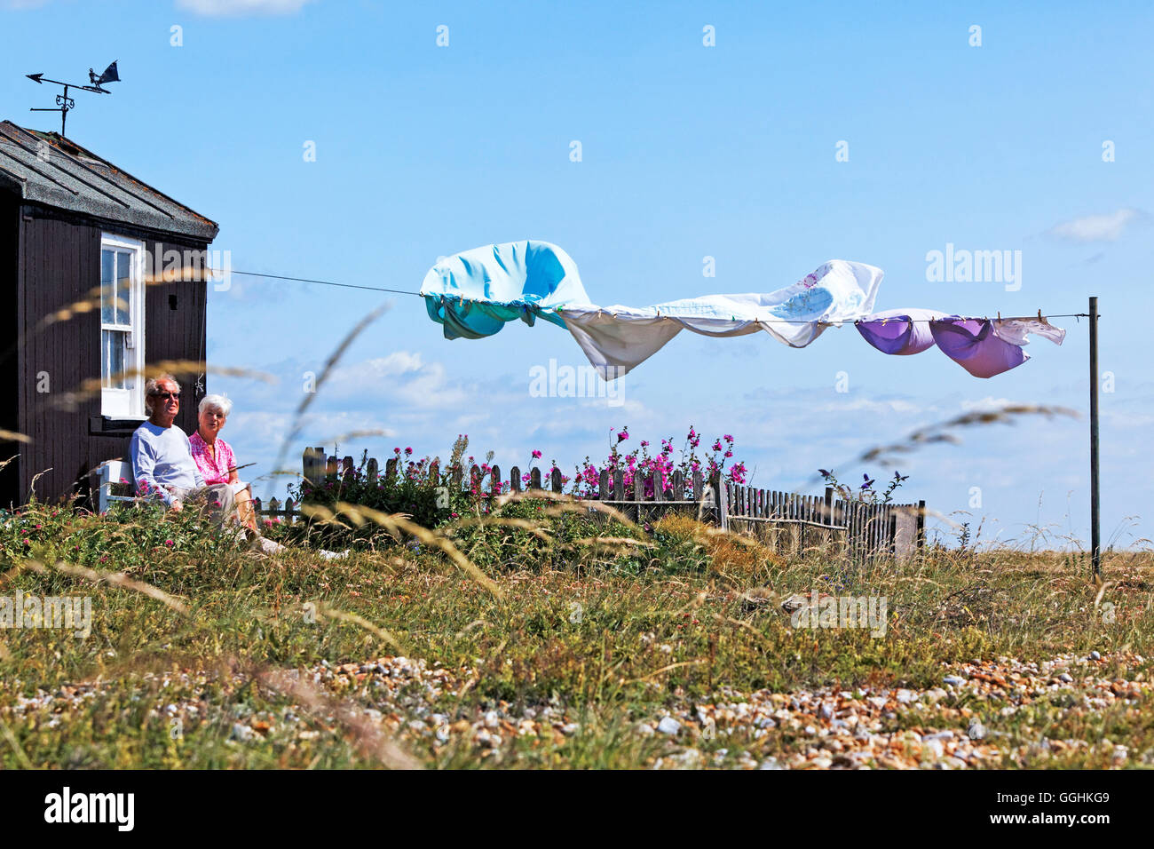 Washing on the line, Dungeness, Kent, England, Great Britain Stock Photo