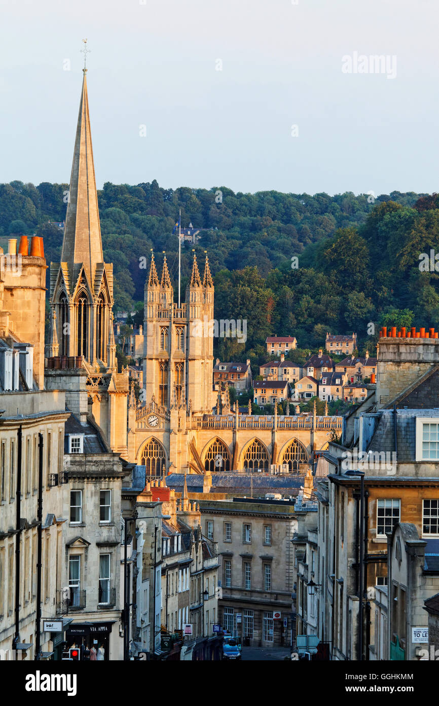 Broad Street and view of Bath Abbey, Bath, Somerset, England, Great Britain Stock Photo