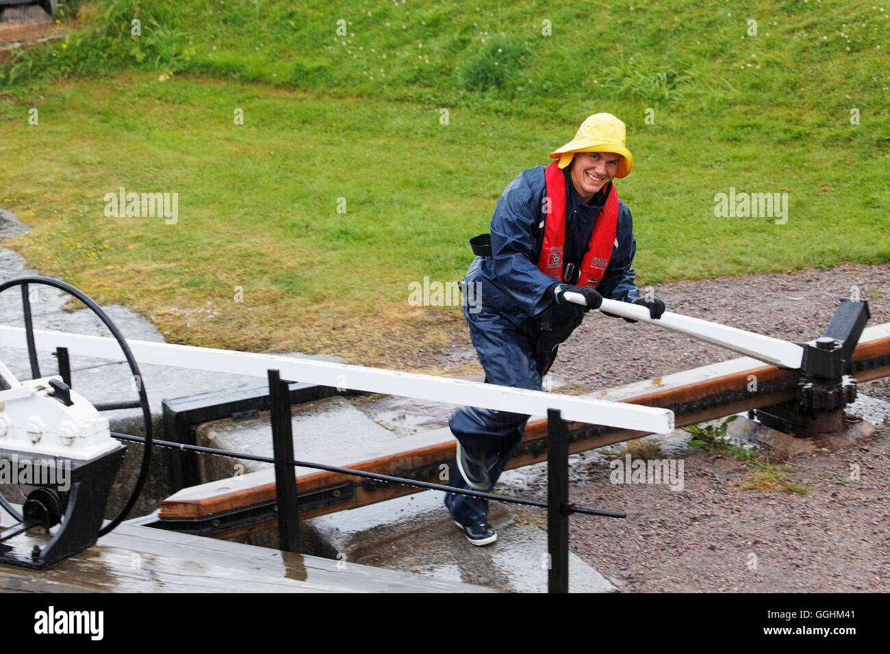 Man power is needed to move some of the locks along the Gota canal, Sweden Stock Photo