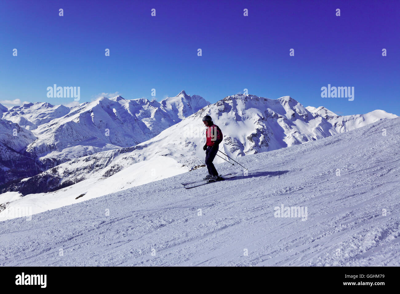 Person skiing, Hochfleiss, Heiligenblut, National Park Hohe Tauern, Carinthia, Austria, Europe Stock Photo