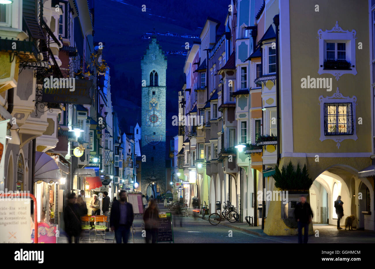 Main alley in Sterzing at night, Eisack valley, South Tyrol, Italy Stock Photo