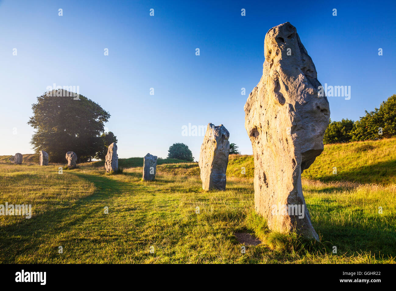 Sarsen stones at sunrise in Avebury, Wiltshire. Stock Photo