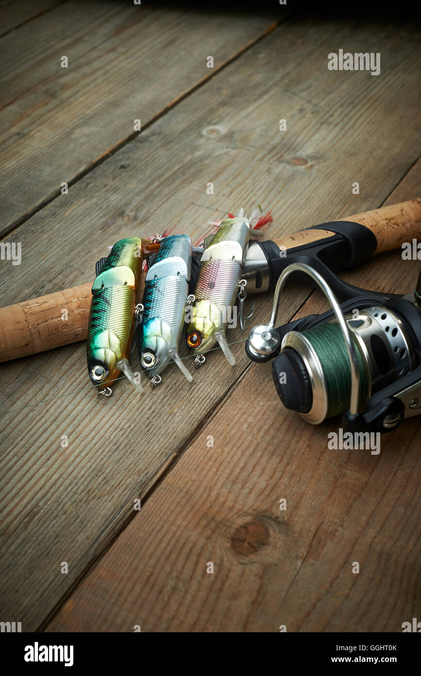 Lot colorful lures fishing rod hi-res stock photography and images