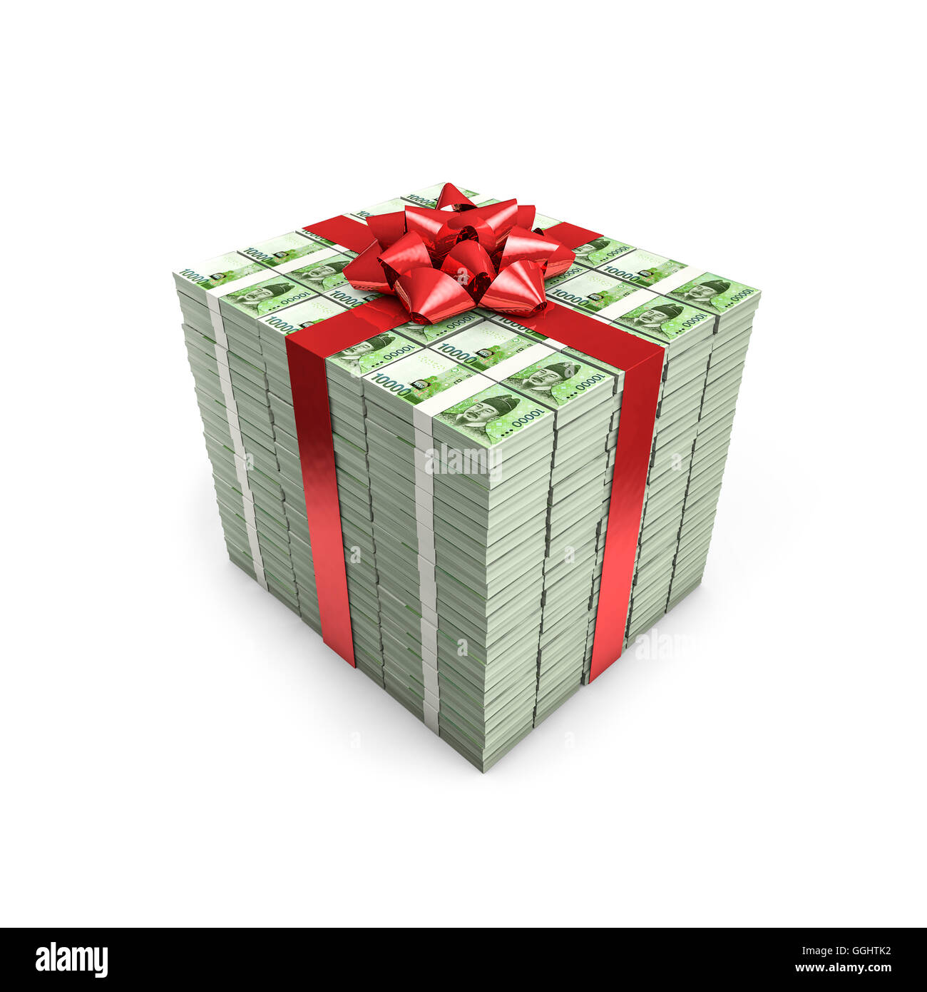 Money gift South Korean won / 3D illustration of stacks of South Korean ten thousand won notes tied with ribbon Stock Photo
