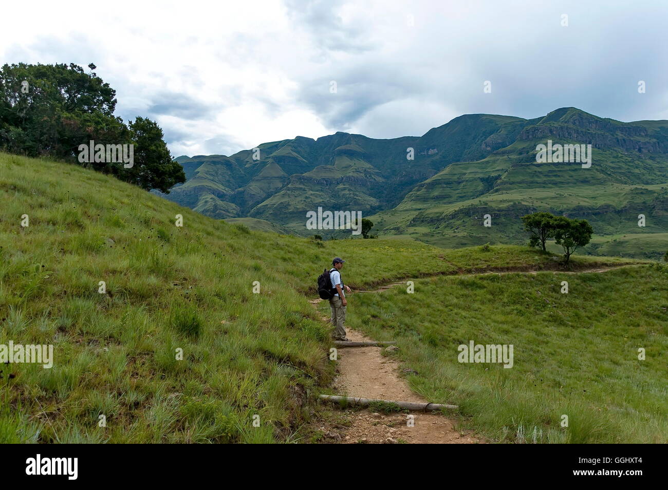 Walk hiking path with cross wood in Royal Natal National Park in Drakensberg, South Africa Stock Photo