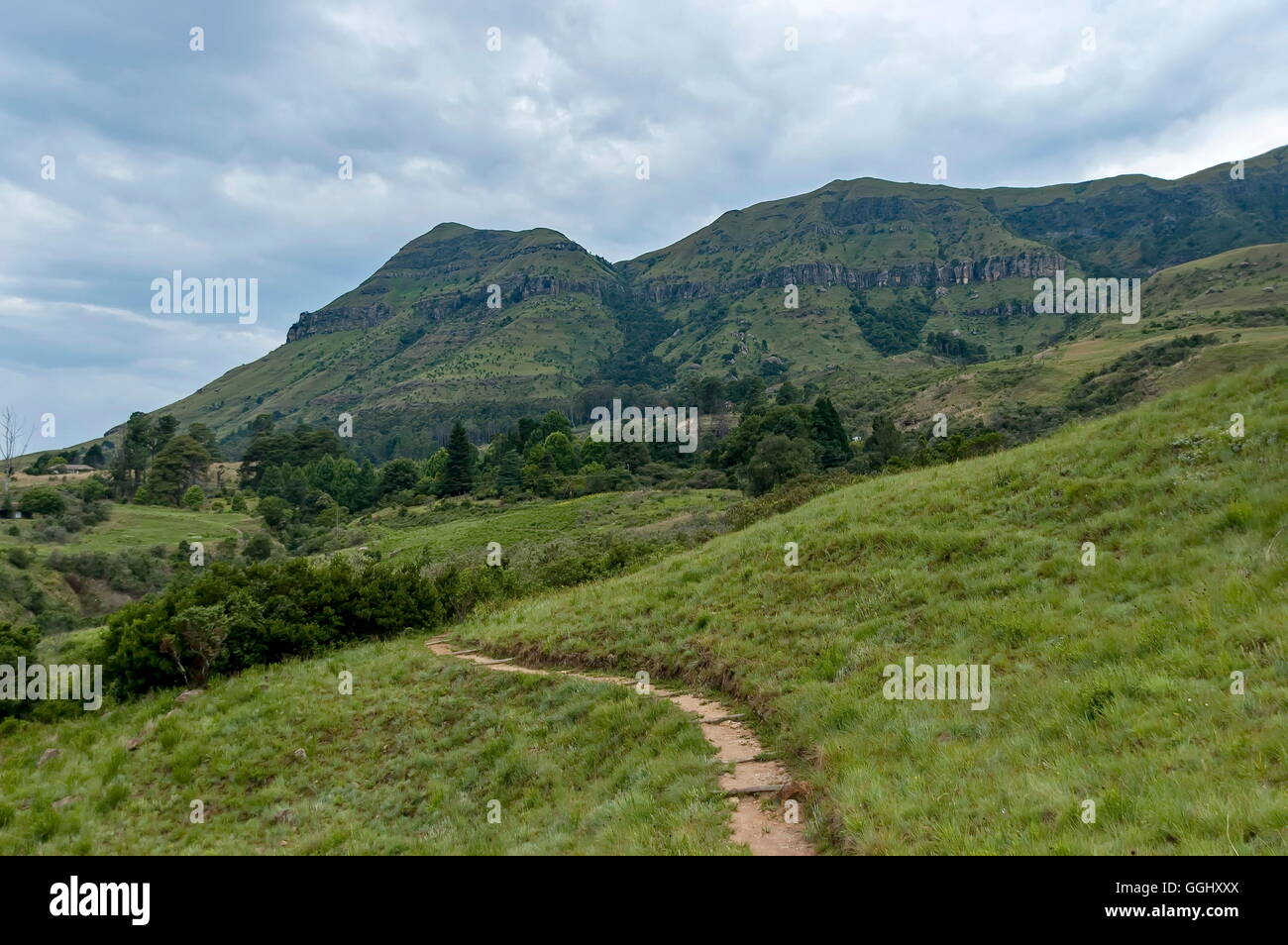 Walk hiking path with cross wood in Royal Natal National Park in Drakensberg, South Africa Stock Photo