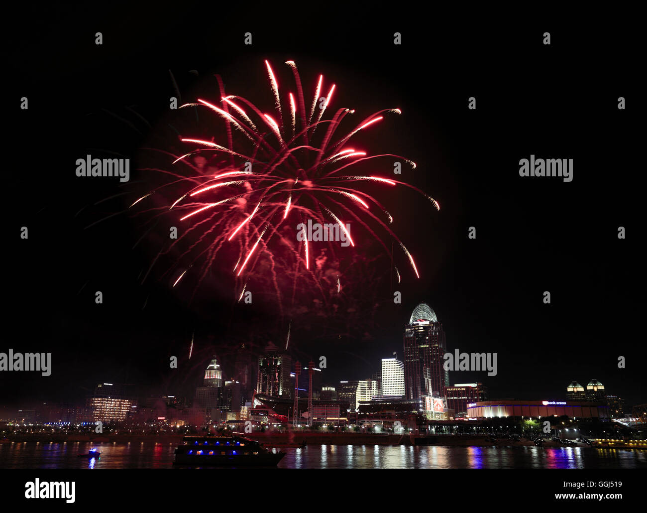 Fireworks bursting over the city of Cincinnati and the Ohio River