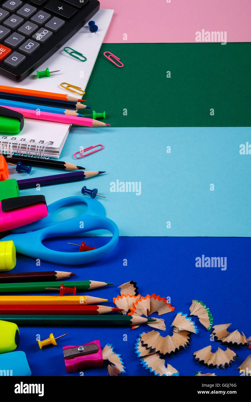 School or office stationery on colorful background. Back to School ...