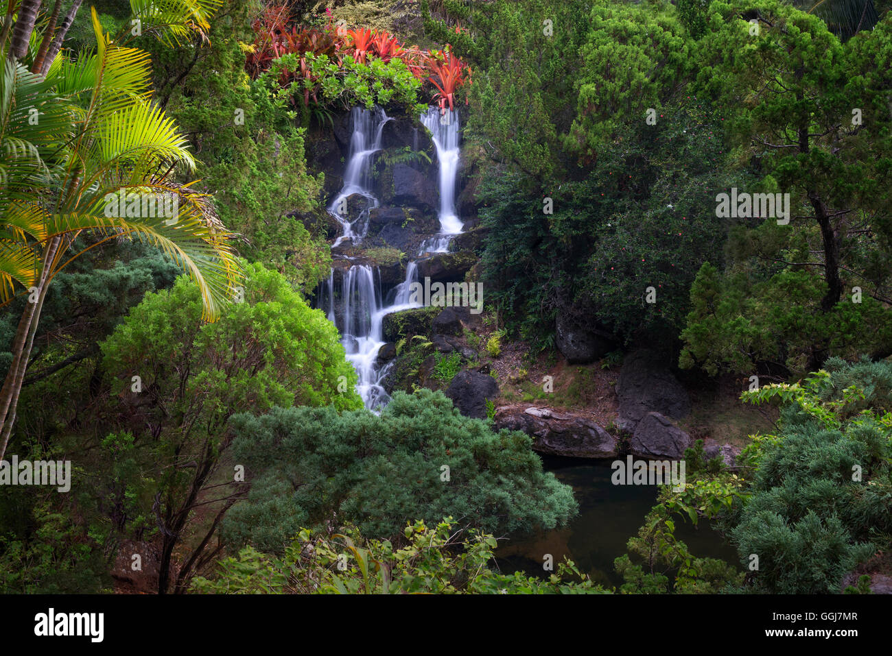 Waterfall At Na Aina Kai Botanical Gardens Kauai Hawaii Stock
