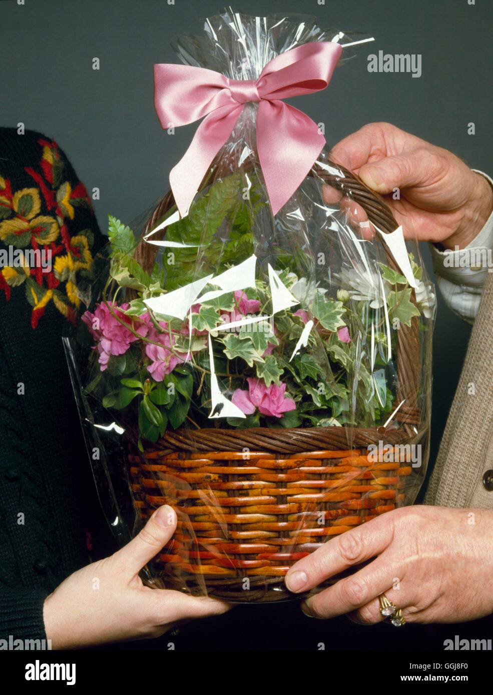Flower Arrangements - Giving a Gift Basket   FAR060862 Stock Photo