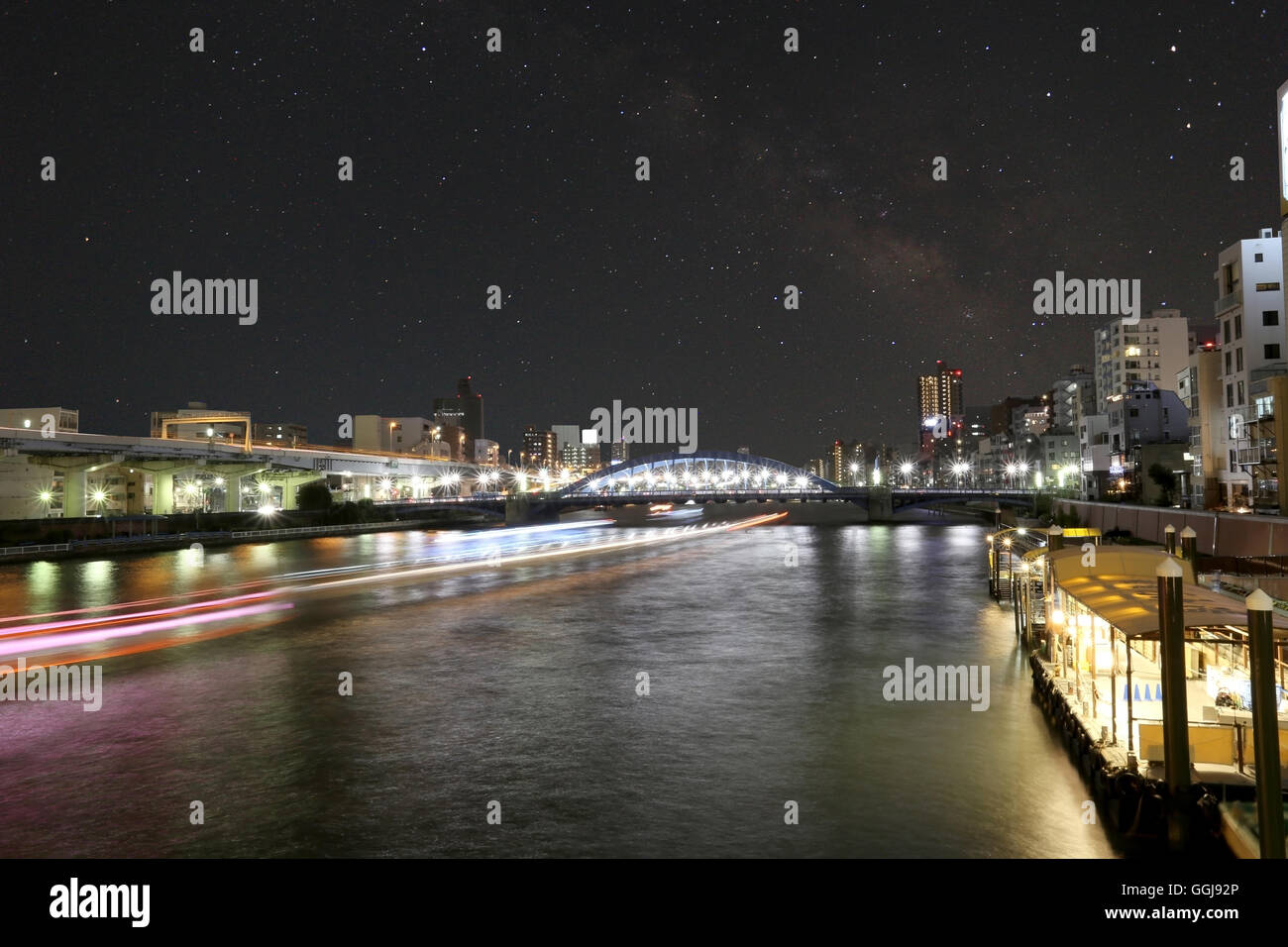 Asakusa dori bridge for crossing sumida river in night view and have Milky Way on sky,Tokyo Japan. Stock Photo