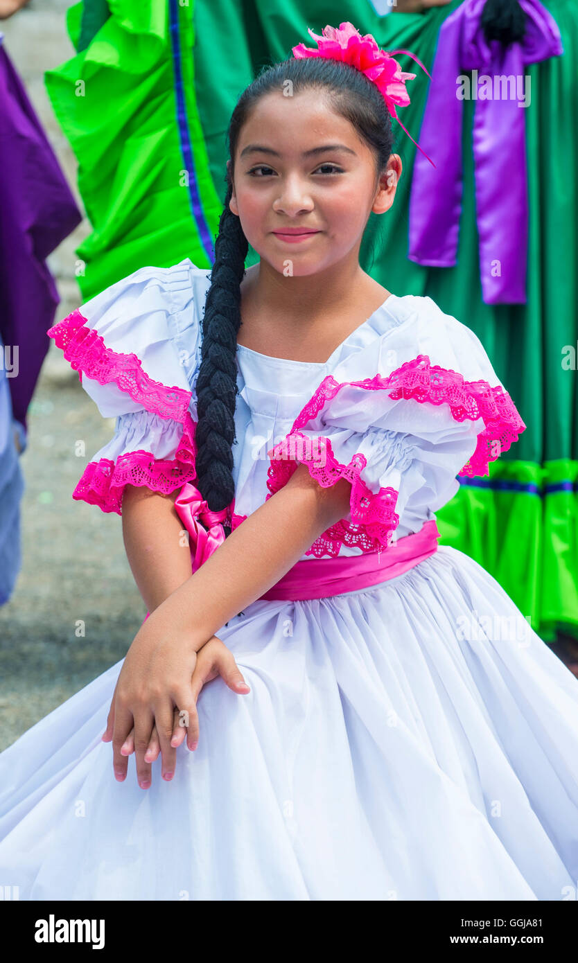 Salvadorian dancers perform during the Flower & Palm Festival in Panchimalco, El Salvador Stock Photo