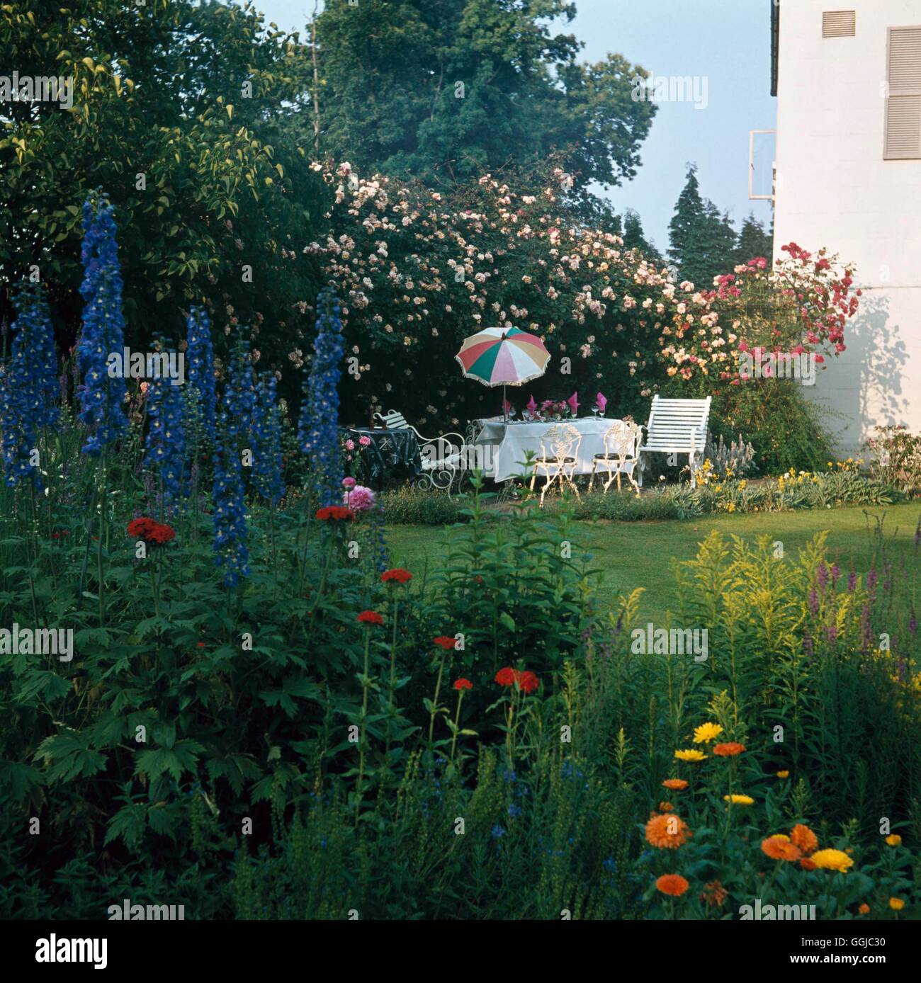 Leisure Garden - Table set for supper in the late evening sun   LEG081092  /P Stock Photo