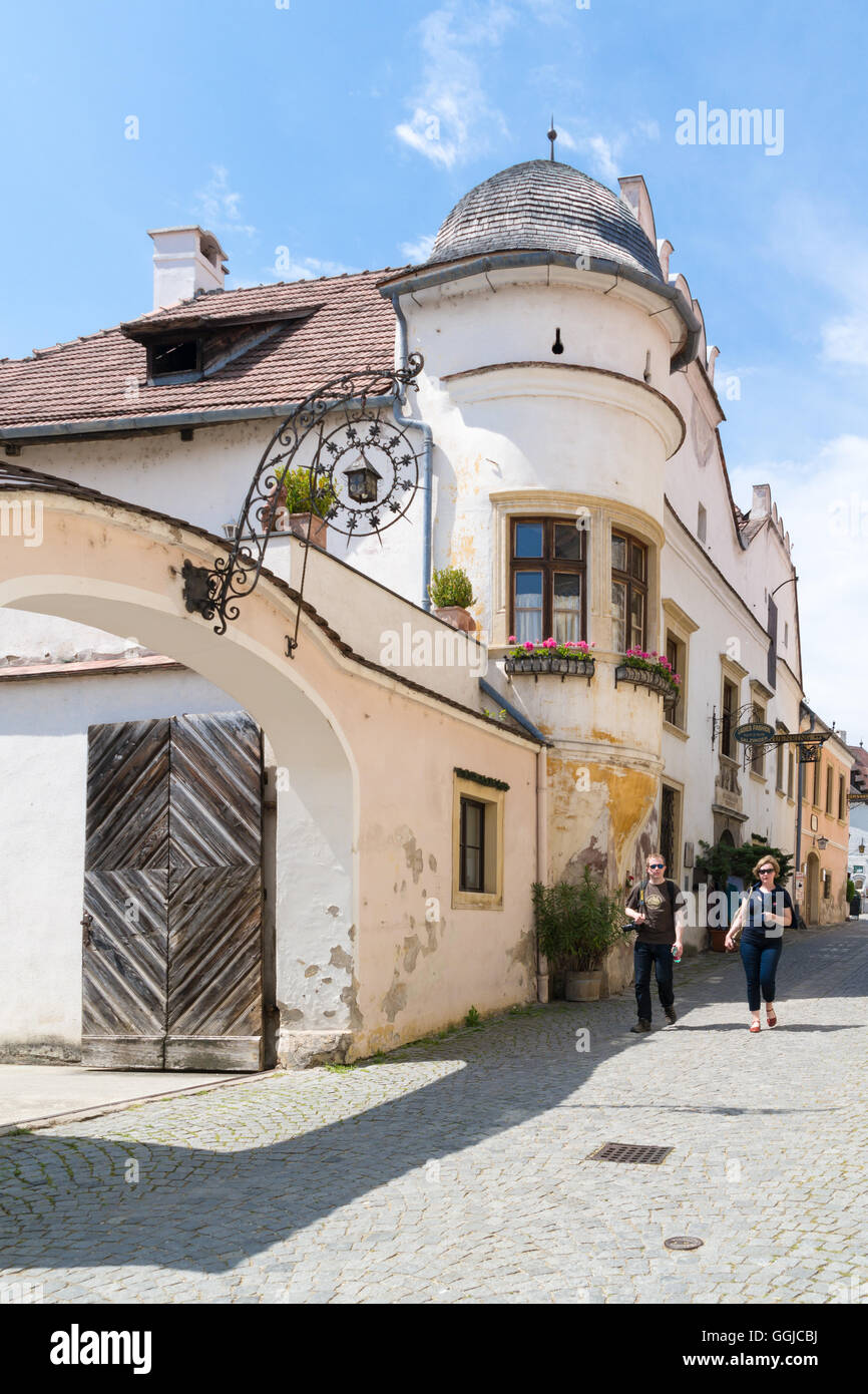 People walking in Main Street of old town Durnstein in Wachau valley, Lower Austria Stock Photo
