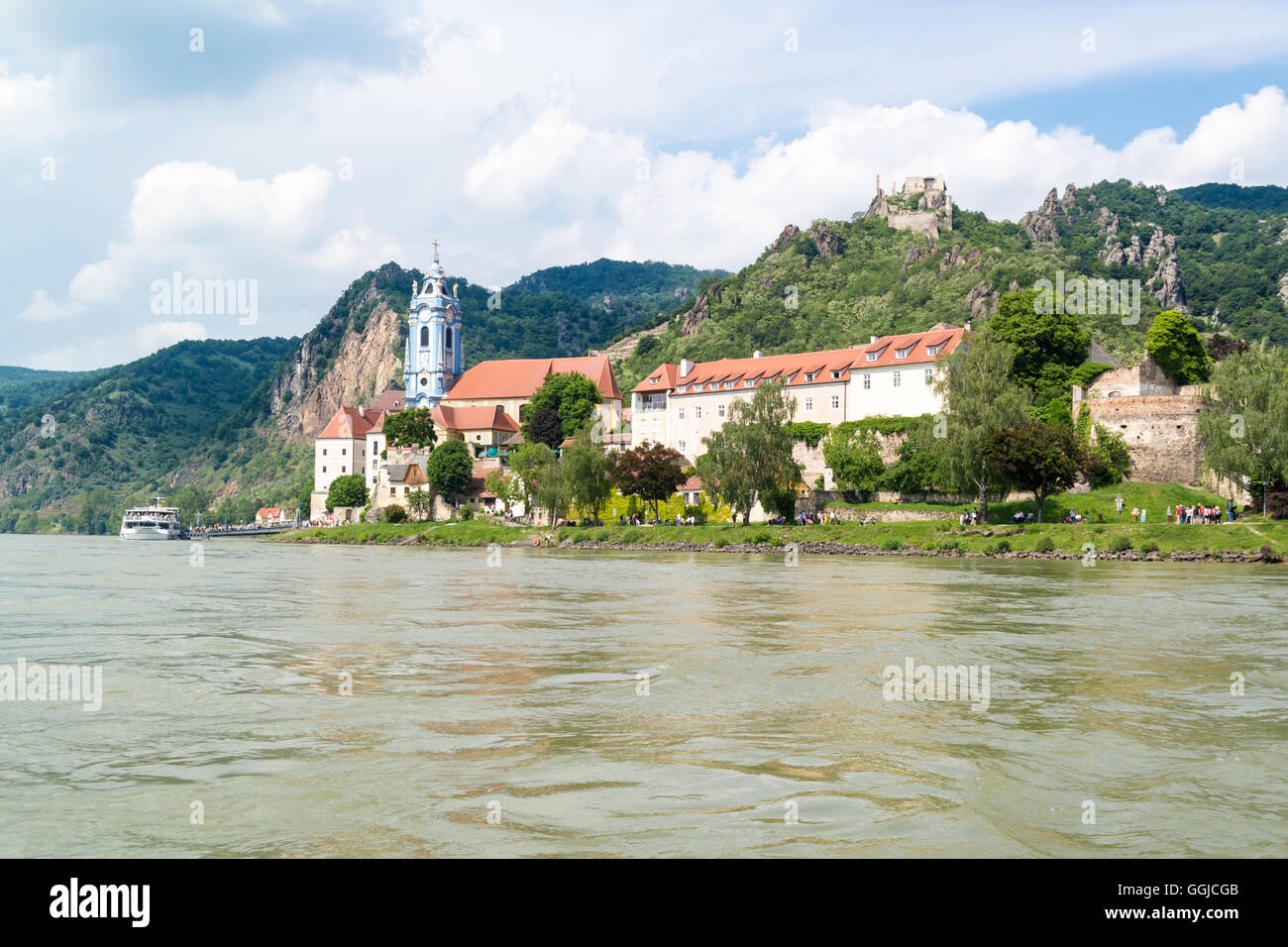 Town of Durnstein with abbey and old castle from Danube river, Wachau Valley, Lower Austria Stock Photo