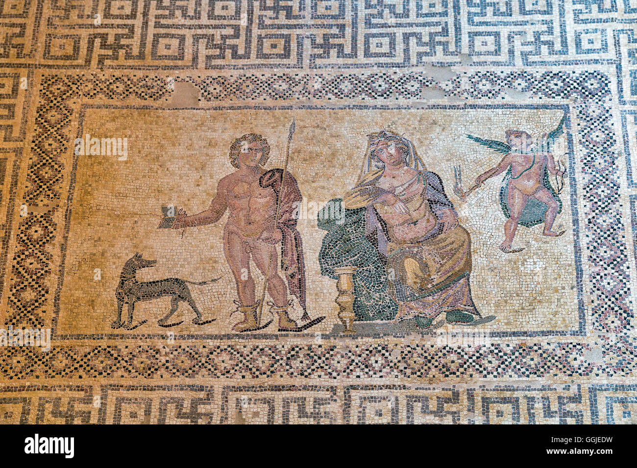 Ancient Greek floor mosaic in archaeologic park Kato Paphos, Cyprus