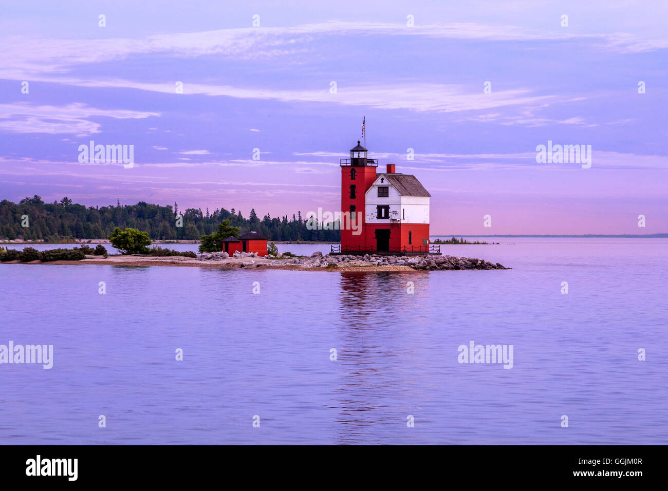 The Round Island Lighthouse after sunset as seen ferrying back to Mackinac City from Mackinac