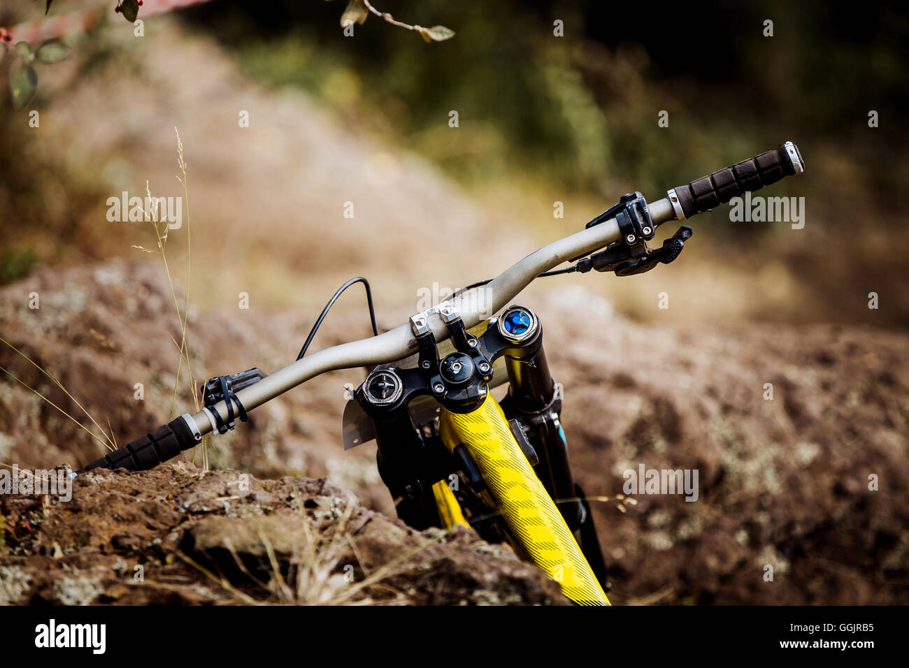 closeup of handlebar of a sports Bicycle for downhill Stock Photo