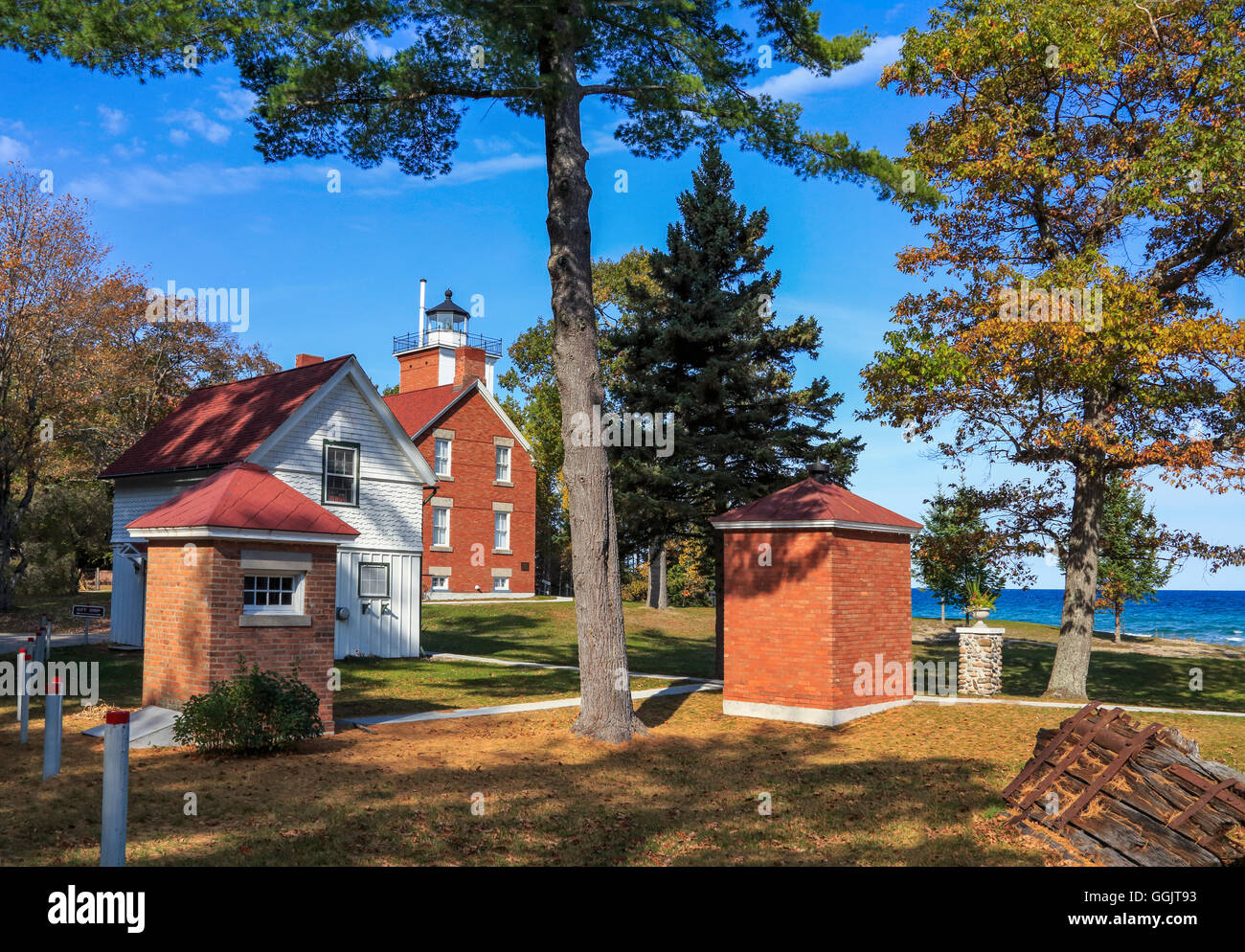The 40 Mile Point Lighthouse as it looks toward Lake Huron on an autumn afternoon, Rogers City, Michigan, Lower Peninsula, USA Stock Photo