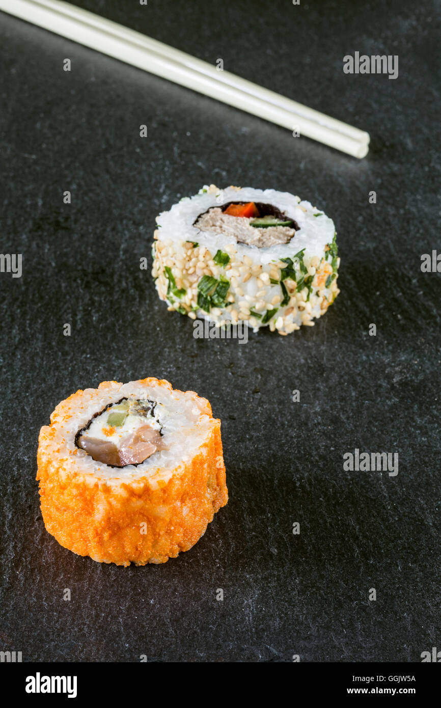 Sushi Maki Roll assortment chop sticks Stock Photo