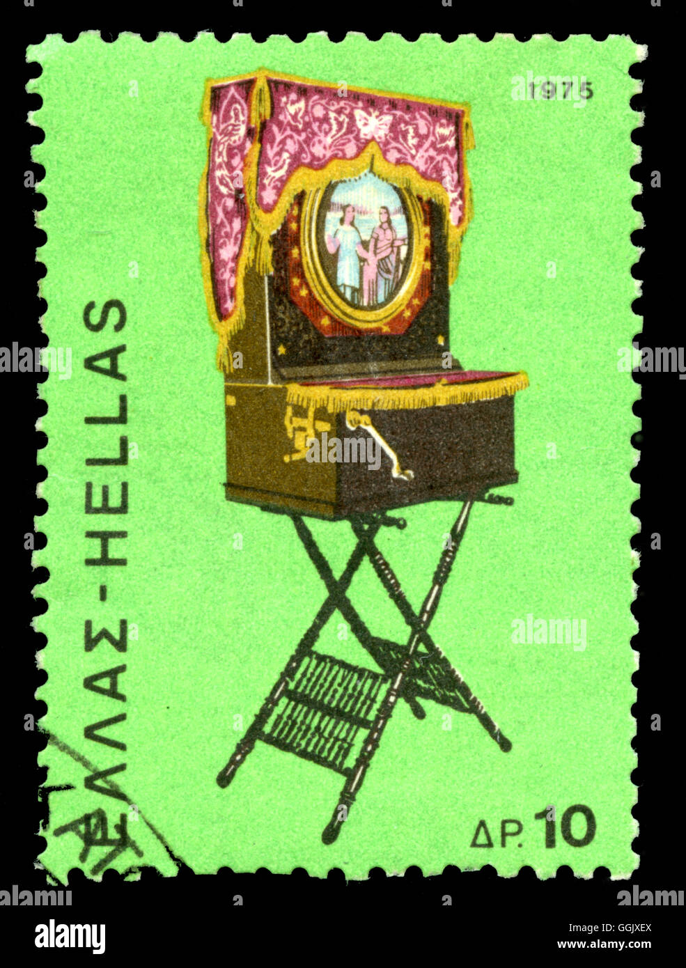 GREECE - CIRCA 1975: A stamp printed in Greece from the traditional musical instruments issuie shows a barrel organ, circa 1975. Stock Photo