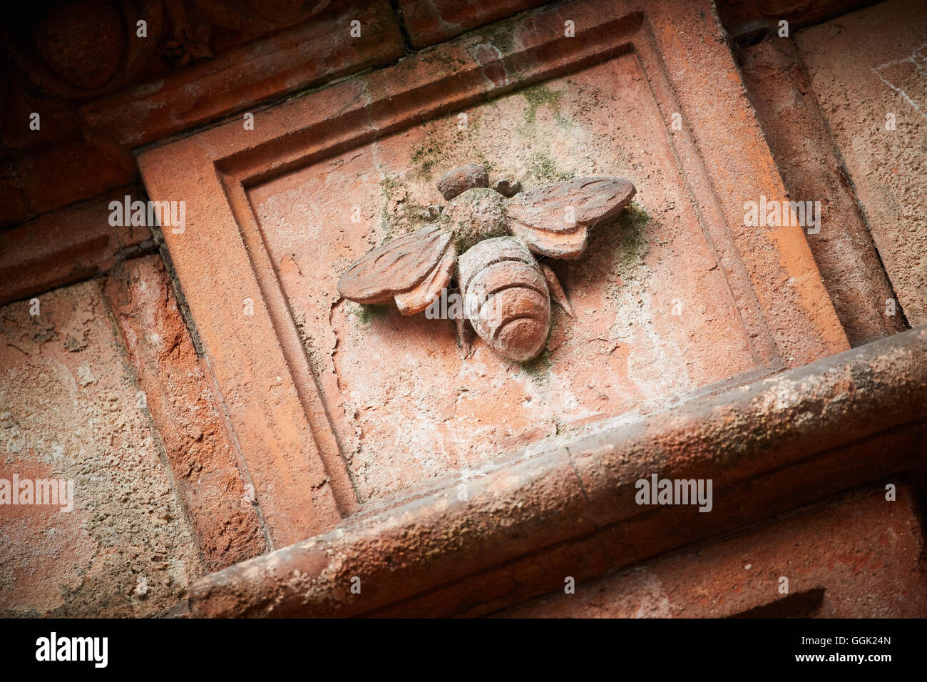 Stone mason Manchester bee details on wall Stock Photo