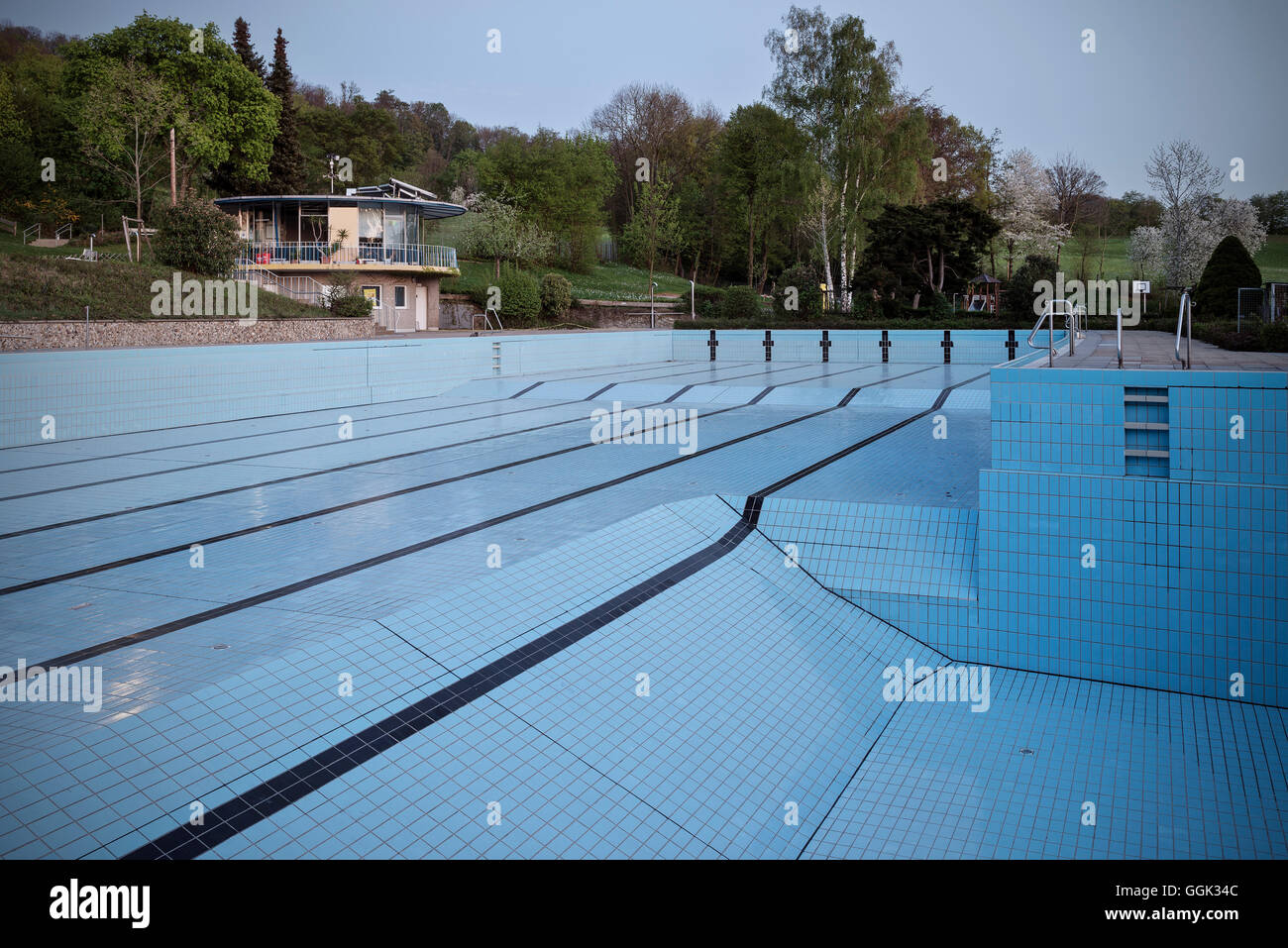Combined diving and swimming pool without water after cleaning, Aalen Wasseralfingen, Ostalb, Swabian Alp, Baden-Wuerttemberg, G Stock Photo