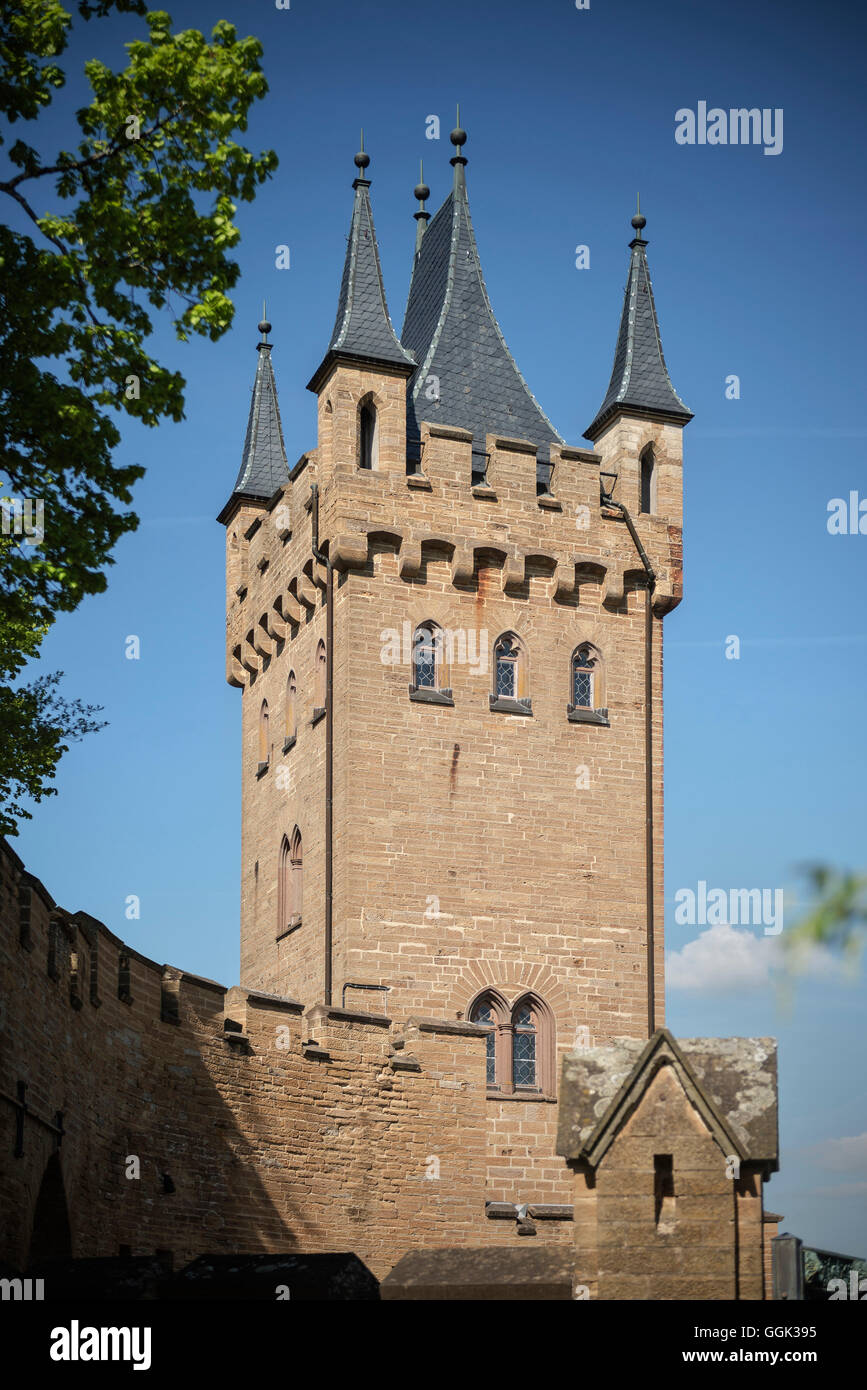 Tower of Hohenzollern castle, Hechingen Bissingen, Swabian Alp, Baden-Wuerttemberg, Germany Stock Photo