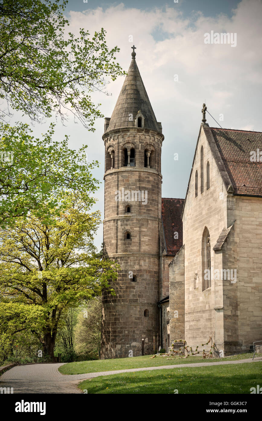 View of the church tower of Lorch monastry,  Swabian Alp, Baden-Wuerttemberg, Germany Stock Photo