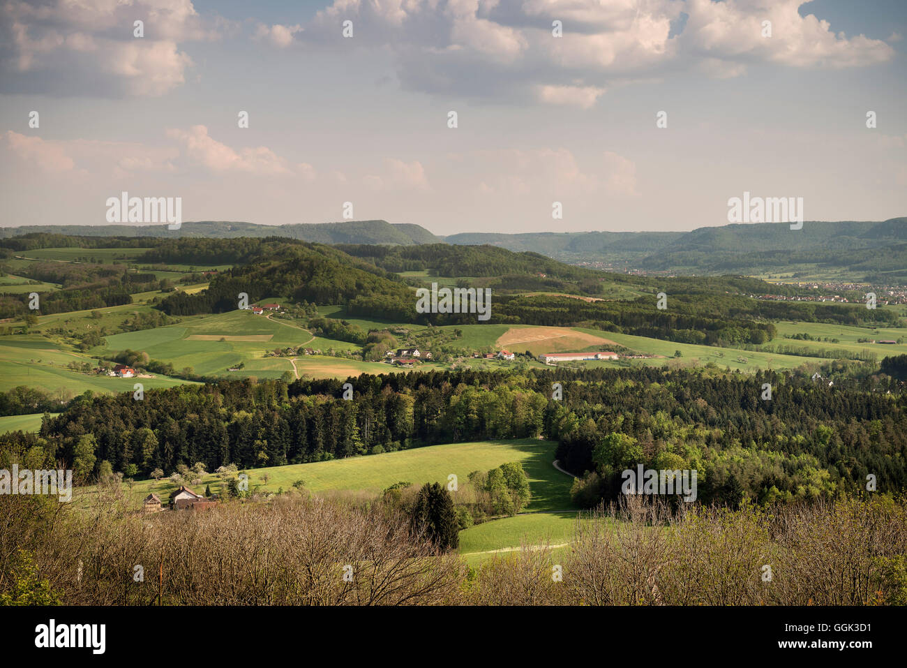 View of Stauferland from Hohenstaufen, Goeppingen state, Baden-Wuerttemberg, Germany Stock Photo