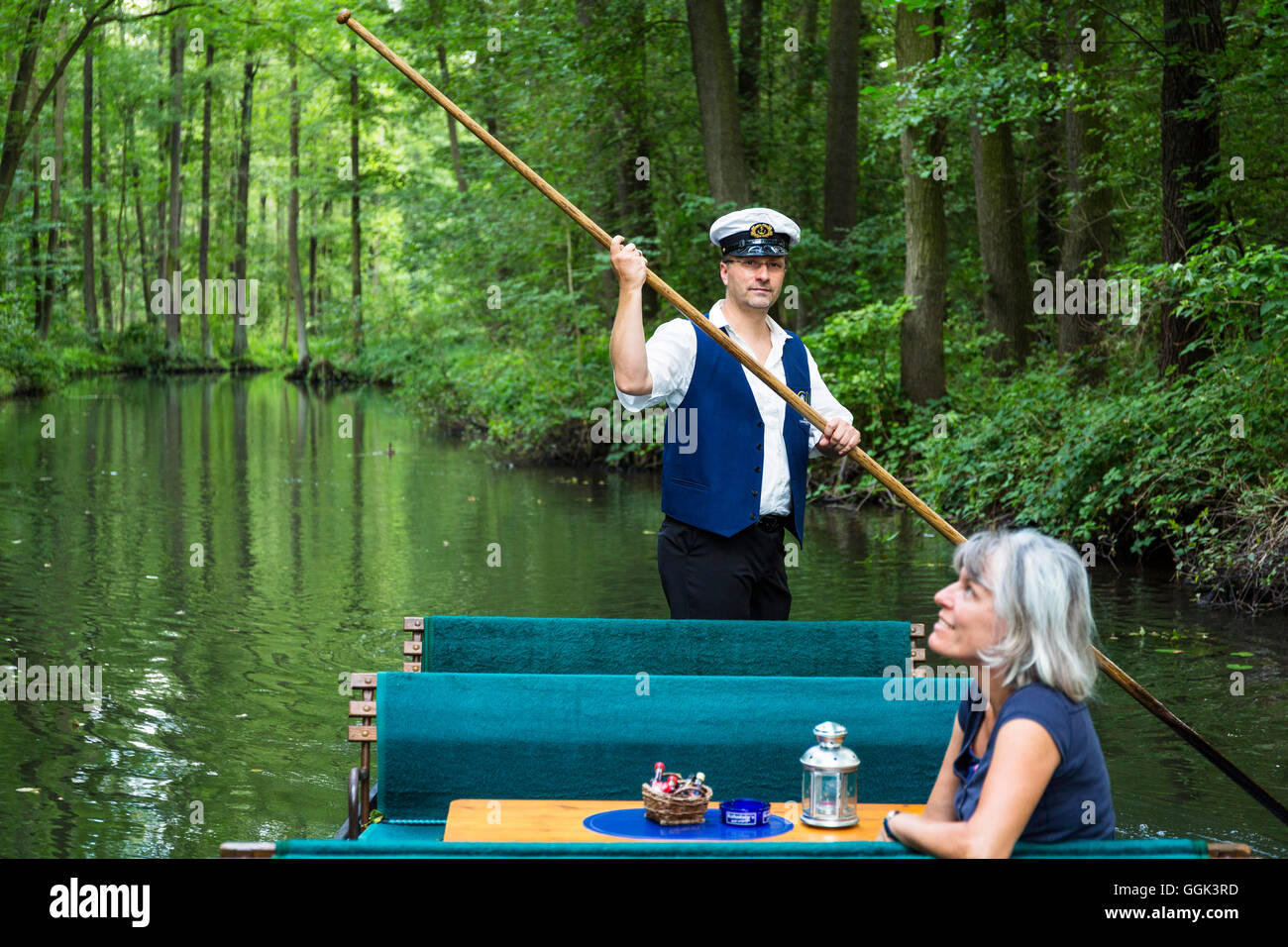 Boat tour in Spreewald with captain, Spree, UNESCO biosphere reserve, Lehde, Luebbenau, Brandenburg, Germany, Europe Stock Photo