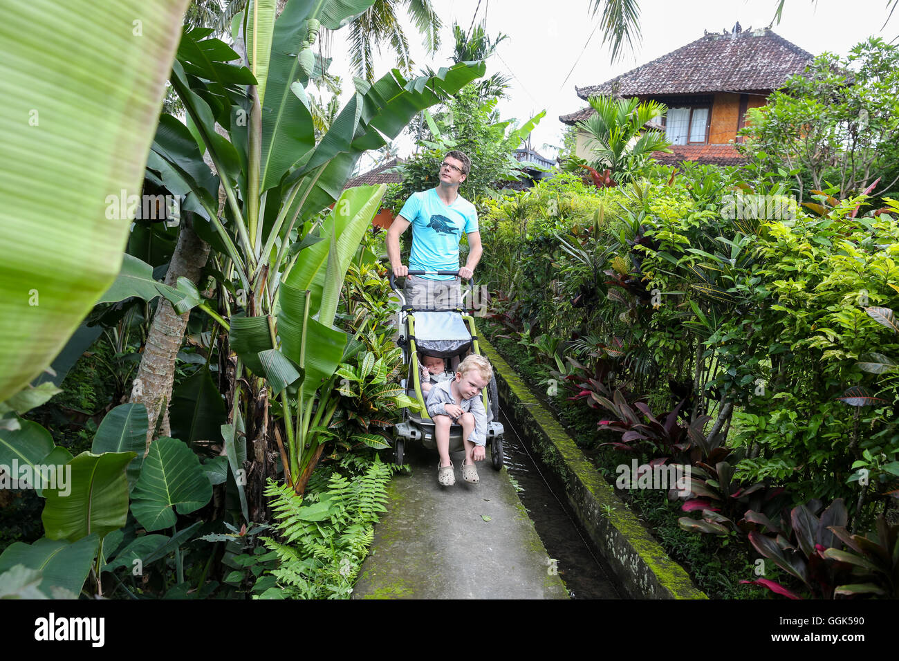 Father with his two children walking along a path, baby, 3 year old boy, stroller, jungle, tropical flowers, trees, house, weste Stock Photo