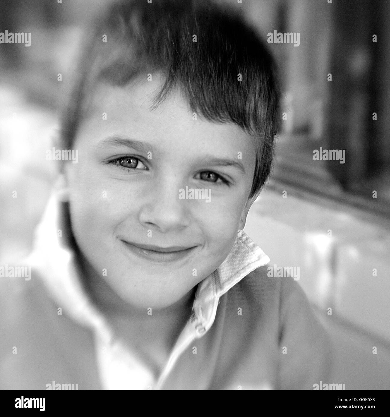 Smirking boy (black and white photo using Lensbaby technique), Borden, Western Australia, Australia Stock Photo