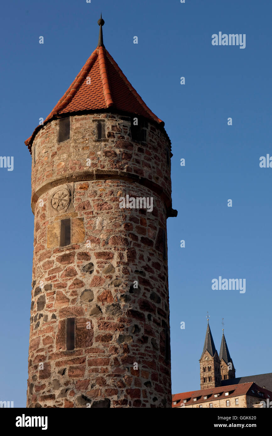 Bleichenturm tower with Fritzlar Cathedral behind, Fritzlar, Hesse, Germany, Europe Stock Photo