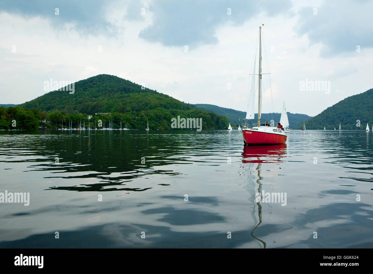 Sailing boat on Lake Edersee in Kellerwald-Edersee National Park, Rehbach, Lake Edersee, Hesse, Germany, Europe Stock Photo