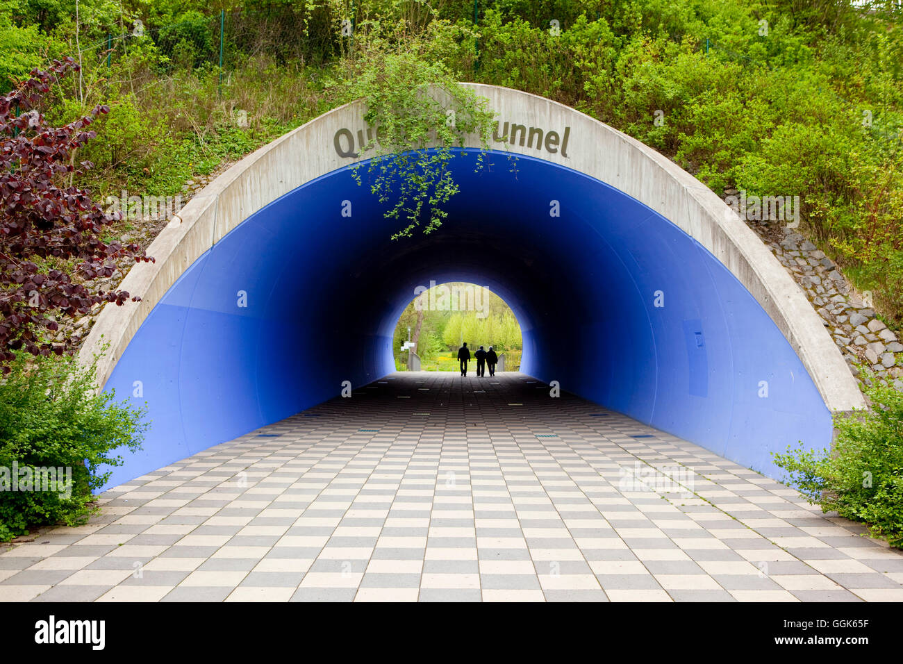 Pedestrians in Quellentunnel tunnel of Landesgartenschau parklands, Bad Wildungen, Hesse, Germany, Europe Stock Photo
