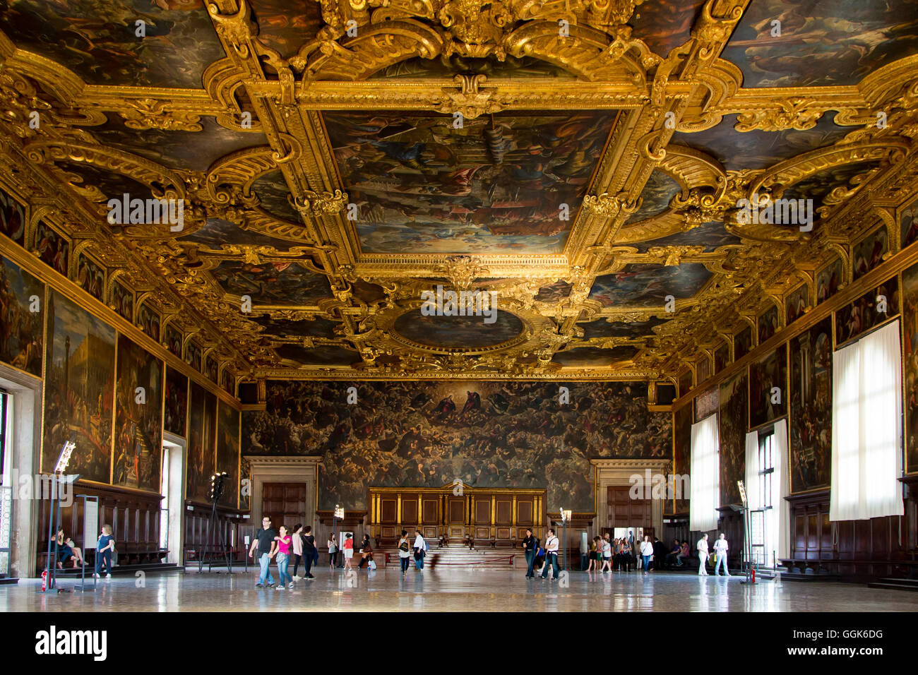 Sala del Maggior Consiglio or hall of the big council, with frescoes on the walls and the ceiling, Venice, Italy, Europe Stock Photo