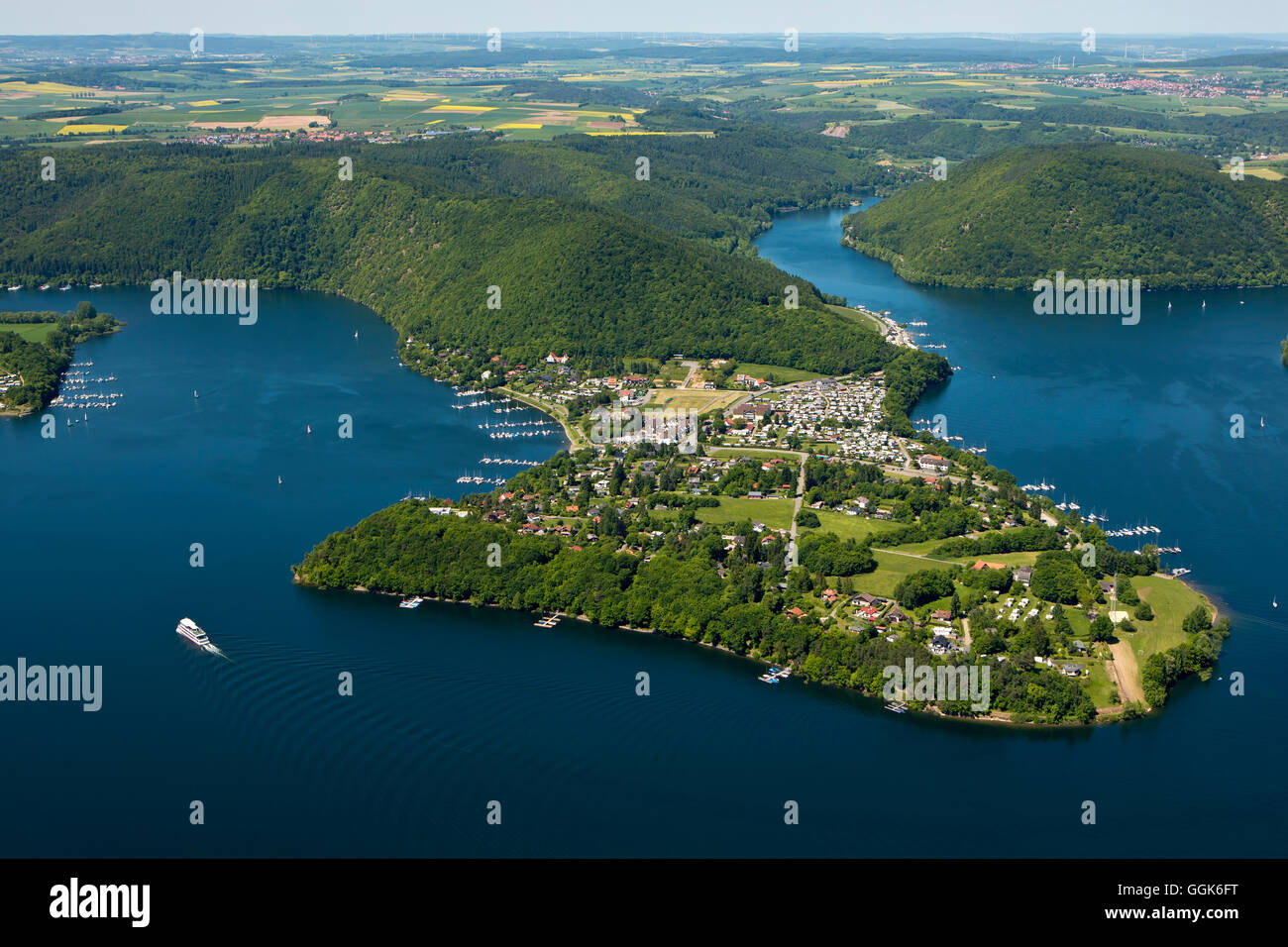 Aerial of Lake Edersee with Scheid Peninsula, Bringhausen, Lake Edersee, Hesse, Germany, Europe Stock Photo