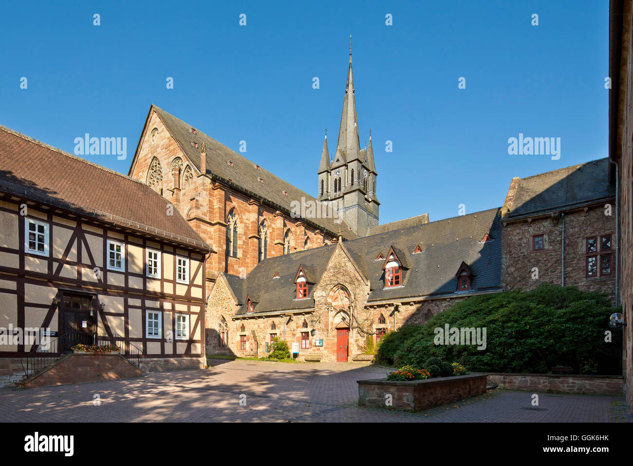 Courtyard in front of the daycare center of the forensic clinic with the historic buildings of Haina monastery, Haina, Hesse, Ge Stock Photo