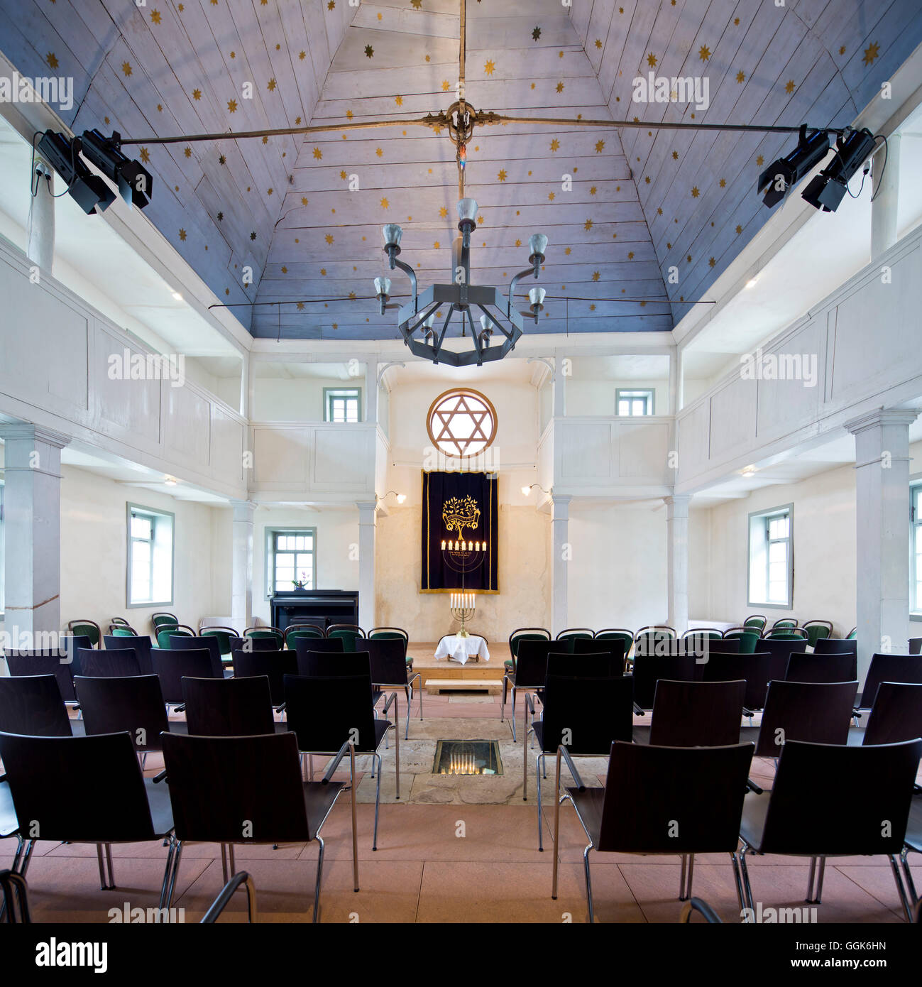 Interior of Voehl Synagogue with a seven-branched candelabrum, Voehl, Hesse, Germany, Europe Stock Photo