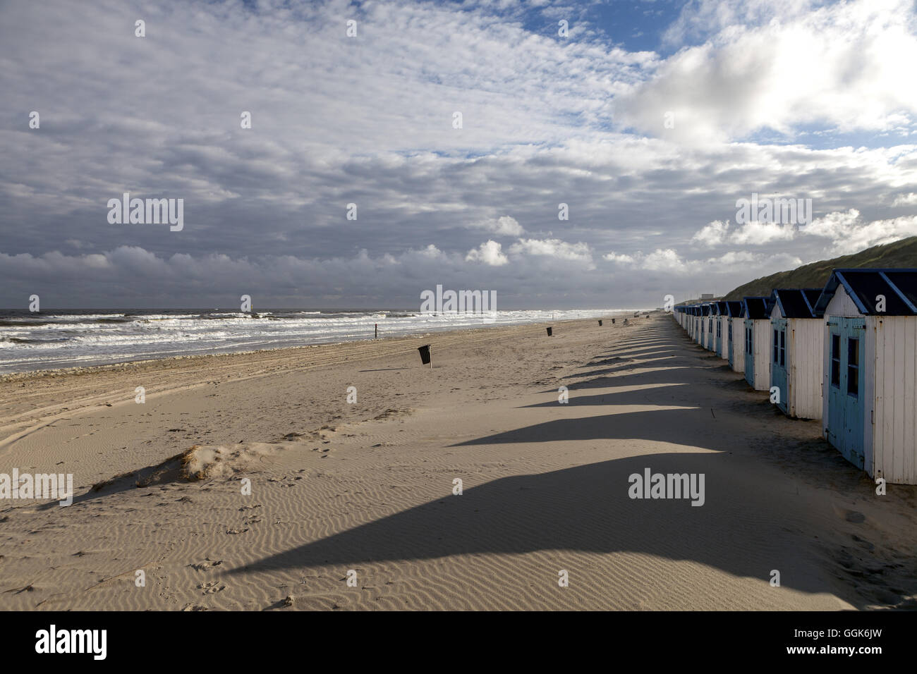 Beach huts on the North Sea, Texel Island, The Netherlands Stock Photo