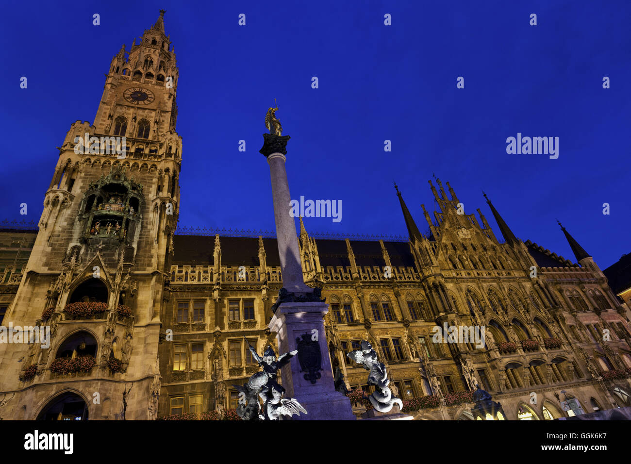 Munich Town Hall at night, Marienplatz, Muenchener Rathaus, Munich, Bavaria, Germany Stock Photo