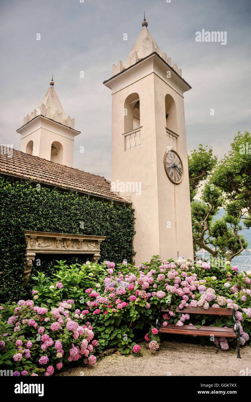 Small chapel and relaxation bench at Villa del Balbianello, Lenno, Lake Como, Lombardy, Italy, Europe Stock Photo