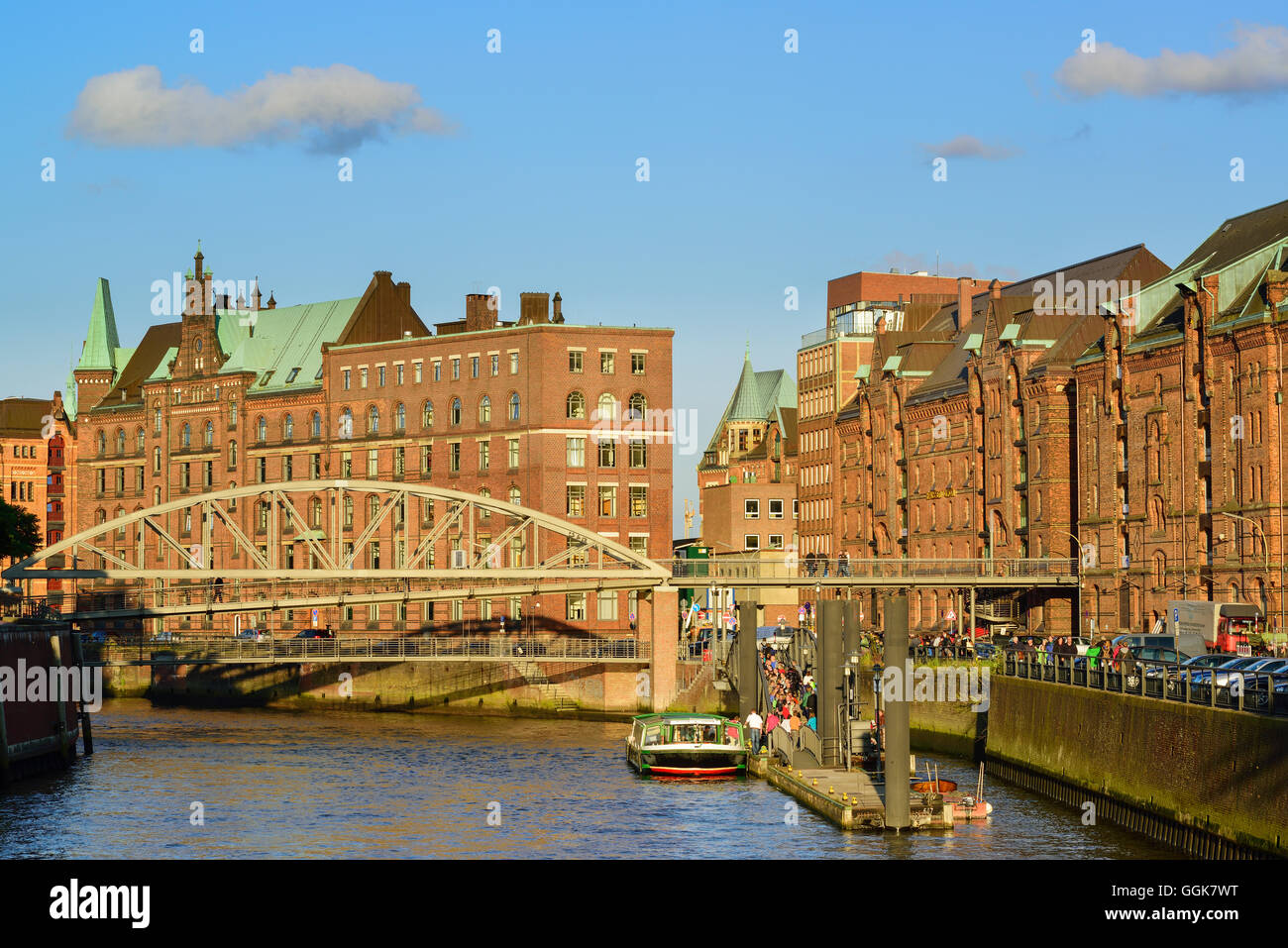 Warehouse district in Hamburg with Kibbelstegbruecke bridge, Warehouse district, Speicherstadt, Hamburg, Germany Stock Photo
