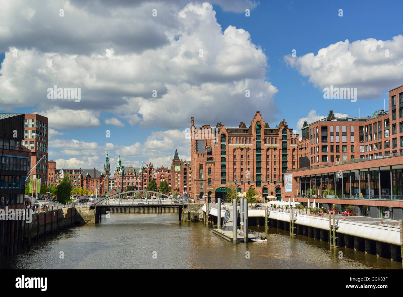 Port Magdeburger Hafen with warehouse district in the background, Hafencity, Hamburg, Germany Stock Photo
