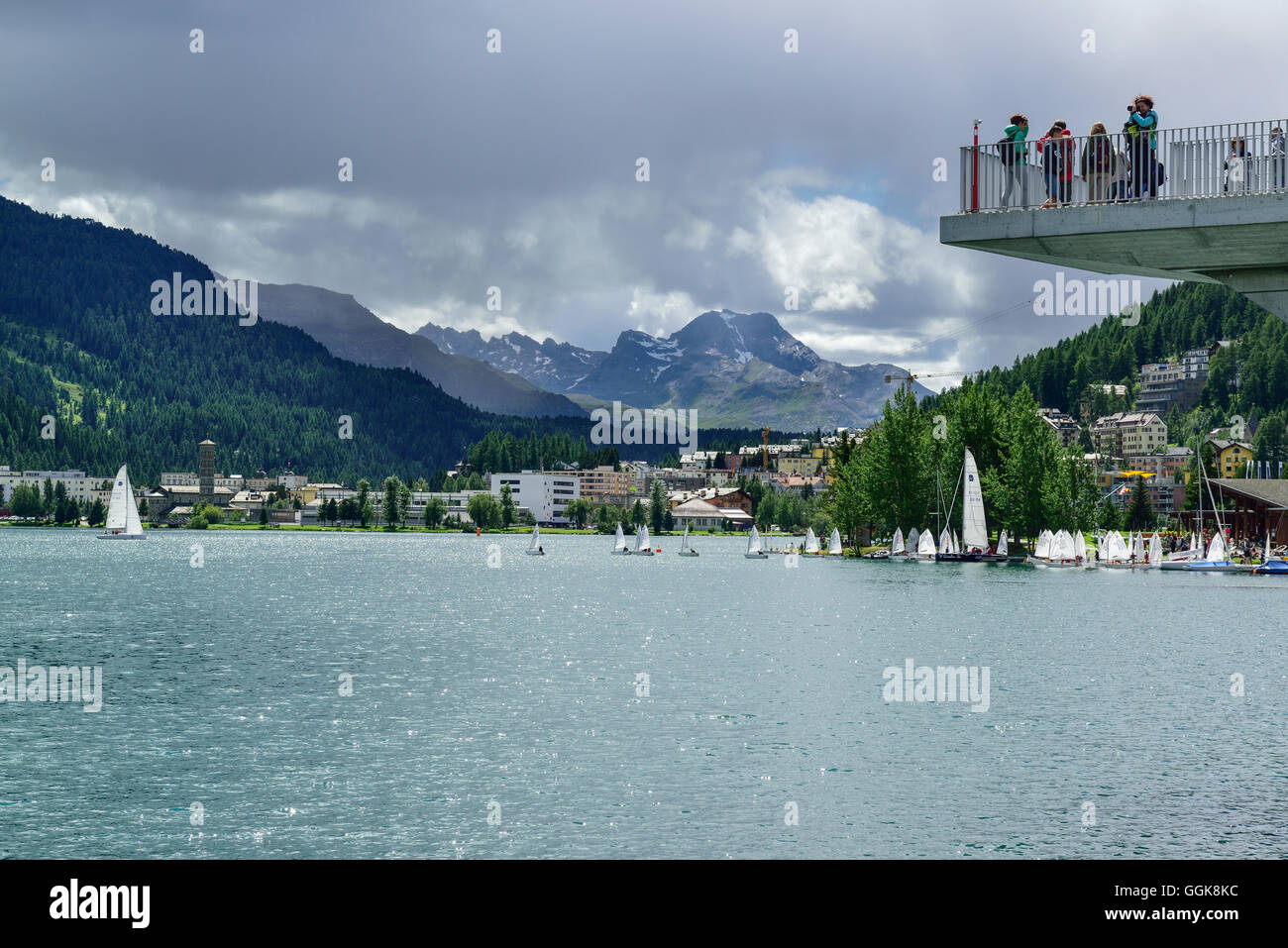 Observation deck above Lake St. Moritz, St. Moritz, Upper Engadin, Kanton of Graubuenden, Switzerland Stock Photo