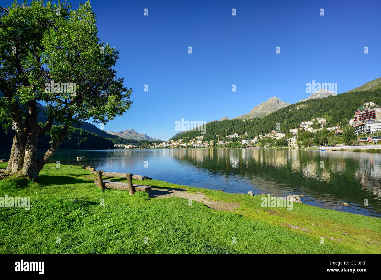 Bench at Lake St. Moritz, St. Moritz, Upper Engadin, Kanton of Graubuenden, Switzerland Stock Photo