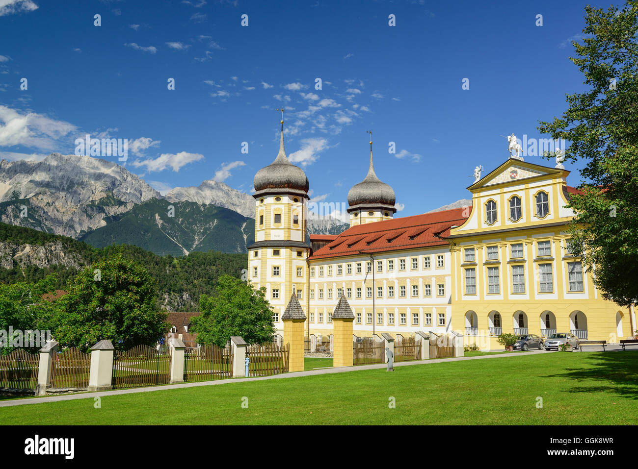 Monastery Stams, Mieming Range in background, Stams, Tyrol, Austria Stock Photo