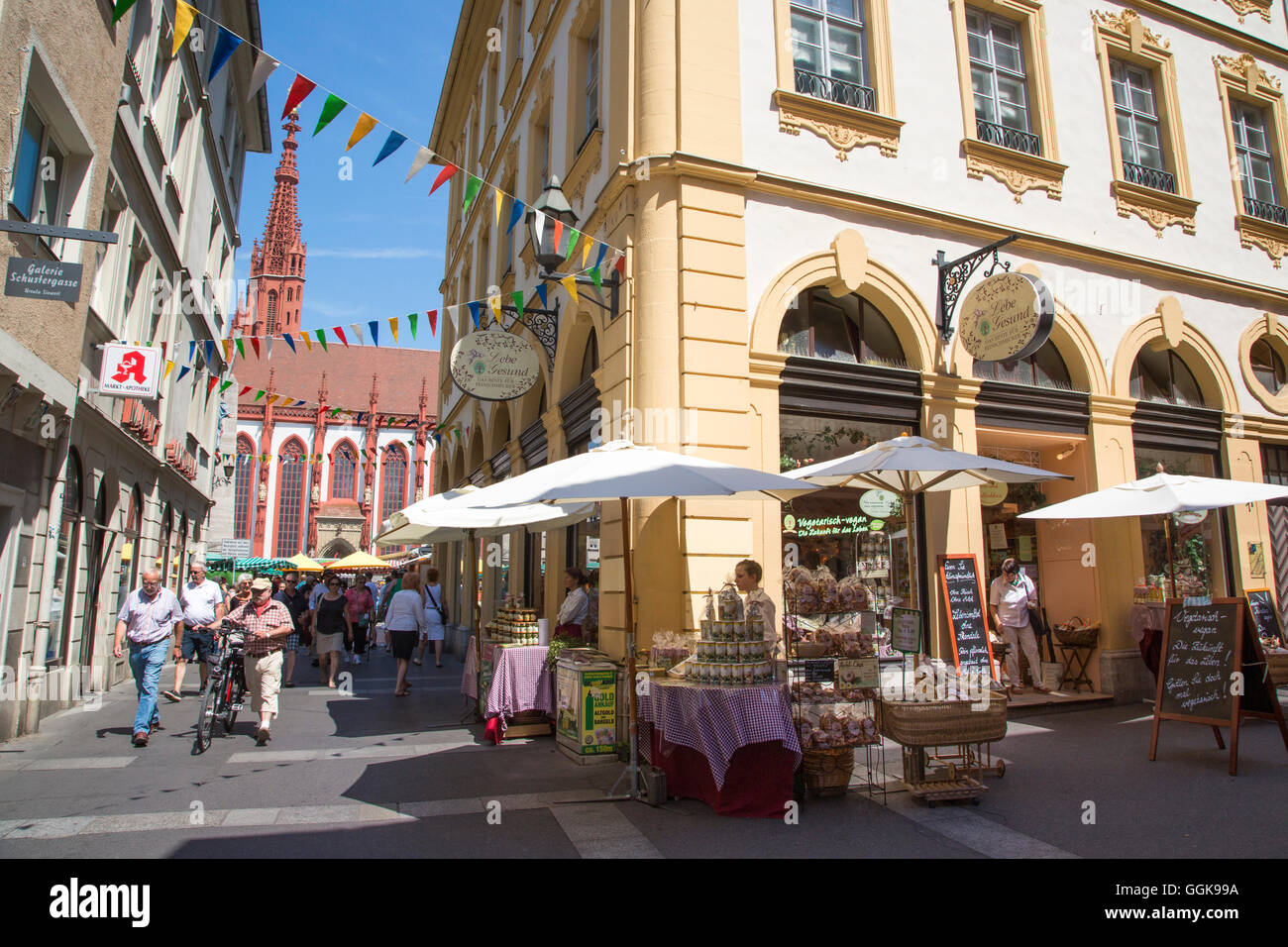 Lebe Gesund store and Marienkapelle church, Wuerzburg, Franconia, Bavaria, Germany Stock Photo